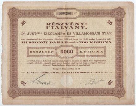 Budapest 1923. 'Dr. Just-féle Izzólámpa és Villamossági Gyár Részvénytársaság' részvénye 5000K-ról, szárazpecséttel T:III,III-
