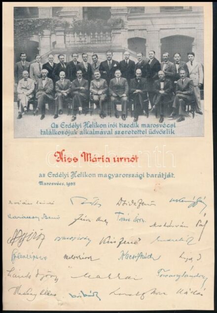 1938 Erdélyi Helikon íróinak emléklapja, nyomtatott aláírásokkal