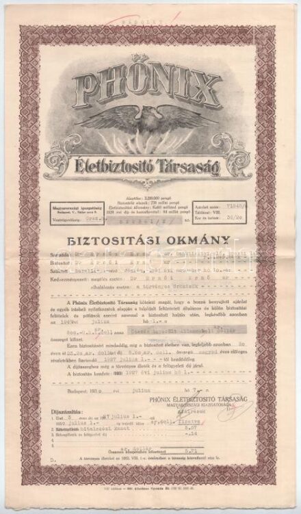 1927. Phőnix Életbiztosító Társaság díszes biztosítási okmánya + 'Ajánlat elérési és haláleseti biztosításra' kitöltetlenül, Bp., Általános Nyomda Rt.-ny. T:III