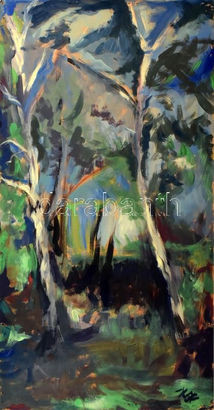 Kkállai Henrik (1976- ): Kerti fák. Olaj, préselt lemez, keret nélkül, jelzett, 59,5x32cm