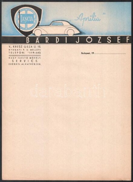 cca 1930 Bárdi József Lancia autószervíz 2 db fejléces levél