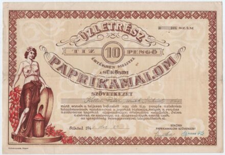 Sükösd 1941. 'Sükösdi Paprikamalom Szövetkezet' névre szóló üzletrésze 10P értékben, szelvényekkel T:II-