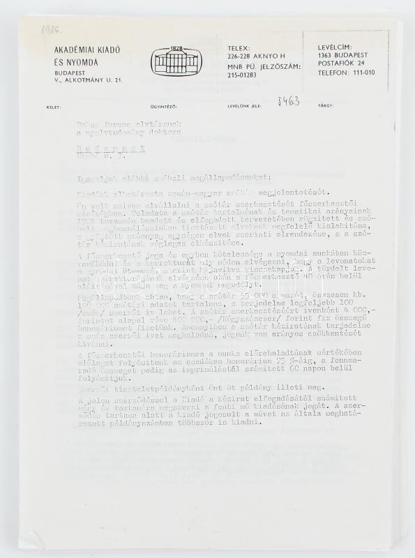 Az Akadémiai Kiadó szerződései az Idegen Szavak Szótárával kapcsolatban