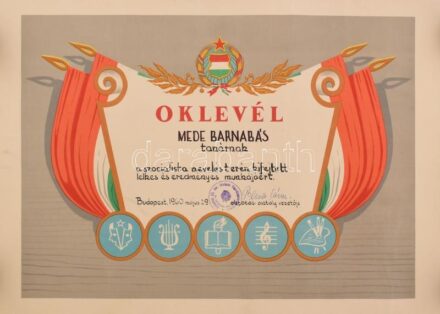 1960 Szocialista nevelésért kiadott díszes oklevél tanár részére