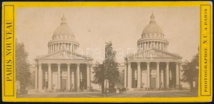 cca 1890-1900 Pantheon keményhátú sztereófotója, Paris Nouveau Photographie N.C. a Paris, a hátoldalán feliratozva, a felületén apró lyukakkal, 8x17 cm