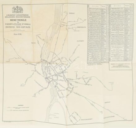 1930 A Budapest Székesfővárosi Közlekedési Részvénytársaság menetrendje és viszonylatainak útvonala, kiadja a M. kir. állami térképészet, hajtott, 42x47 cm