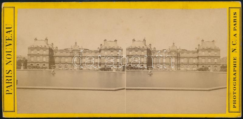 cca 1890-1900 Jardin du Luxembourg, a Luxembourg palota kertjének keményhátú sztereófotója, Paris Nouveau Photographie N.C. a Paris, a hátoldalán feliratozva, a felületén apró foltokkal, 8x17 cm