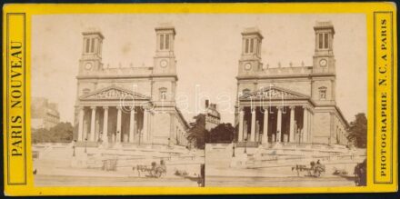 cca 1890-1900 St. Vincent de Paul (páli Szent Vince) plébániatemplom keményhátú sztereófotója, Paris Nouveau Photographie N.C. a Paris, a hátoldalán feliratozva, a felületén kis lyukakkal, 8x17 cm