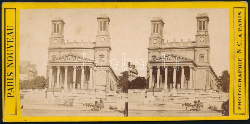 cca 1890-1900 St. Vincent de Paul (páli Szent Vince) plébániatemplom keményhátú sztereófotója, Paris Nouveau Photographie N.C. a Paris, a hátoldalán feliratozva, a felületén kis lyukakkal, 8x17 cm