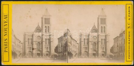 cca 1890-1900 'Cathédrale St. Denis' keményhátú sztereófotója, Paris Nouveau Photographie N.C. a Paris, a hátoldalán feliratozva, a felületén apró foltokkal, 8x17 cm