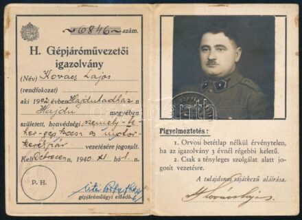 1940 Honvédségi gépjárómű vezetői igazolvány.