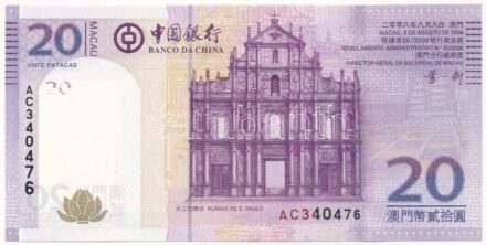 Makaó 2008. 20P 'AC 340476' T:II kissé hullámos papír Macau 2008. 20 Patacas 'AC 340476' C:XF slightly wavy paper Krause P#109a