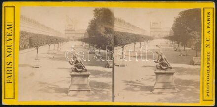 cca 1890-1900 Jardin des Tuileries, Tuileriák kertjének keményhátú sztereófotója, Paris Nouveau Photographie N.C. a Paris, a hátoldalán feliratozva, a felületén apró foltokkal, 8x17 cm
