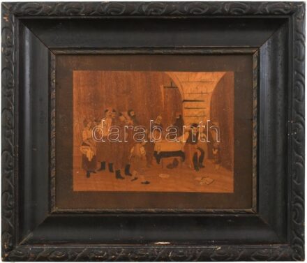 Bezdány József (1900 k.-?), Munkácsy Mihály után: Siralomház, 1932 körül. Festett intarzia, fa, jelzés nélkül, 19x24 cm. Dekoratív, korabeli sérült, üvegezett fa keretben.