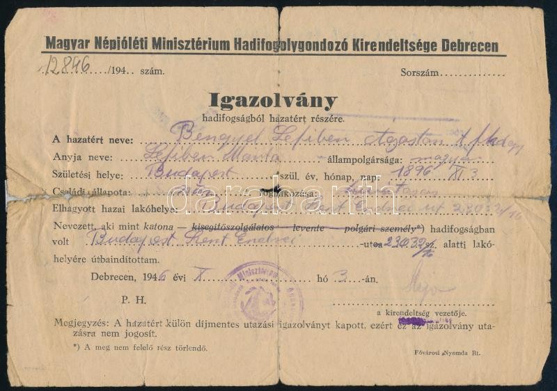 1946 Igazolvány hadifogságból visszatért részére