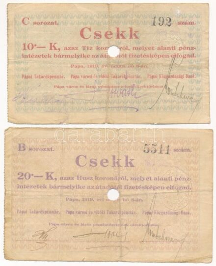 Pápa 1919. május 8. 'Pápai csekk' 10K + 20K, mindkettő lyukasztással érvénytelenítve és ovális szárazbélyegzővel (egyiken a bélyegző a papírt átszakította), C és B sorozat T:III Adamo PÁP-1.1.1, 1.2.1
