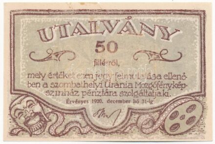Szombathely 1920. 'Uránia Mozgófényképszínház' 50f utalvány T:III Adamo SZO-7.3