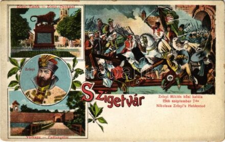 Szigetvár, Zrínyi, Zrínyi-szobor, Zrínyi halála, várrom. Kozáry Ede kiadása, Art Nouveau, floral