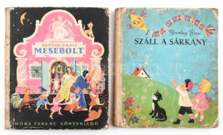 Gazdag Erzsi 2 db gyerekkönyve: Száll a sárkány; Mesebolt. Lukáts Kató rajzaival. Bp., 1959-1961, Móra Ferenc Könyvkiadó. Kiadói illusztrált félvászon-kötés, kissé viseltes, kopott, foltos borítóval.