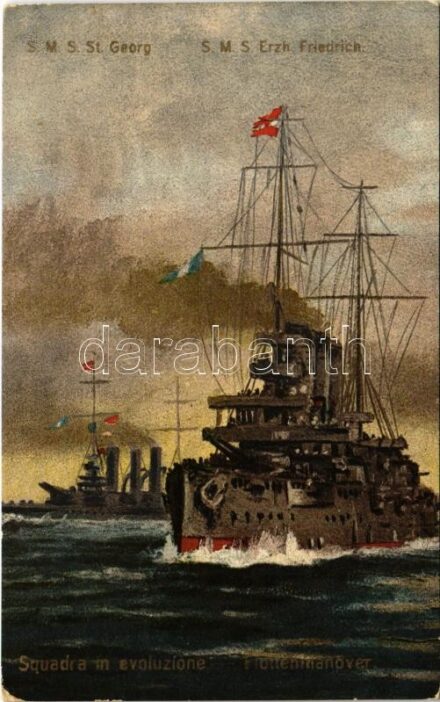 1914 Squadra in evoluzione / Az Osztrák-Magyar Haditengerészet SMS Sankt Georg páncélos cirkálója és az SMS Erzherzog Friedrich pre-dreadnought csatahajója / Flottenmanöver. K.u.K. Kriegsmarine Panzerkreuzer, Linienschiffe / WWI