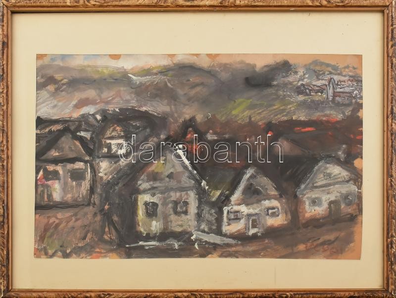 Vecsési Sándor (1930-2015): Házak. Vegyes technika, papír. Jelzett. Fa keretben. 30x42 cm