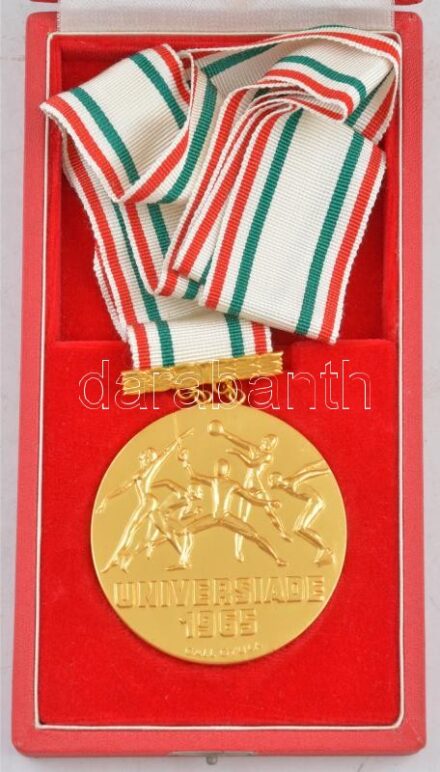 Gáll Gyula (1939-) 1965. 'Universiade 1965' aranyozott bronz atlétikai díjérem nyakszalagon, eredeti tokban (70mm) T:2 kis ph., kis ü.