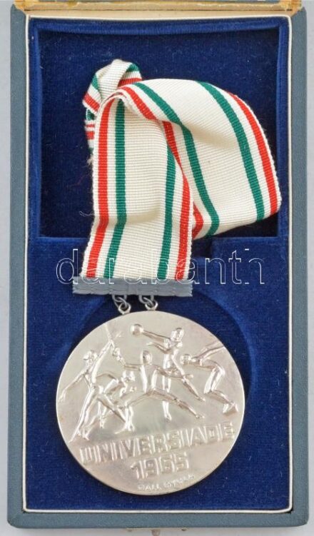 Gáll Gyula (1939-) 1965. 'Universiade 1965' ezüstözött bronz atlétikai díjérem nyakszalagon, eredeti tokban (70mm) T:2 kis ü., kis ph.