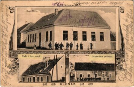 1914 Klenak (Ruma), Srp. skola, Post. i brz. ured, Oruznicka postaja / Szerb iskola, Posta, Rendőrség / Serbian school, post office, police station. Art Nouveau, floral (EK)