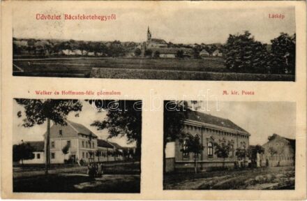 1913 Bácsfeketehegy, Feketic; látkép, Welker és Hoffmann féle gőzmalom, M. kir posta. Freund kiadása / general view, steam mill, post office (EK)