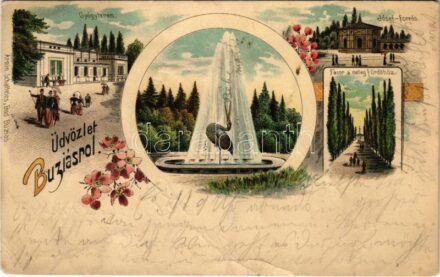 1900 Buziás, Gyógyterem, szökőkút, József forrás, Fasor a meleg fürdőhöz. Armin Schatteles kiadása / spa, fountain, spring, promenade. Art Nouveau, floral, litho (gyűrődések / creases)