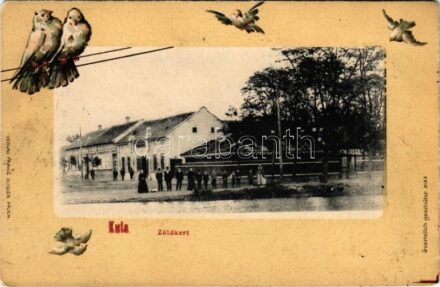 1905 Kula, Bács-Kula; Zöldkert vendéglő, üzlet. Franz Kugler kiadása. Szecessziós litho keret madarakkal / restaurant, inn, shop. Art Nouveau litho frame with birds (kopott sarok / worn corner)