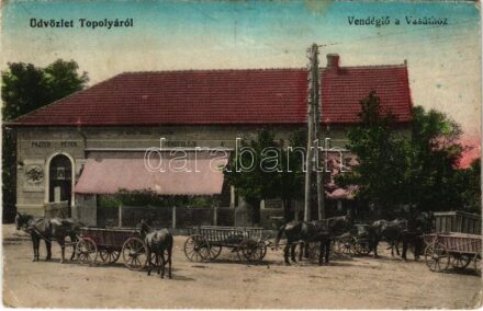 1918 Topolya, Bácstopolya, Backa Topola; Pajzer Péter Vendéglője a Vasúthoz, lovaskocsik. Hajtman és Konc kiadása / railway station restaurant, horse carts (EK)