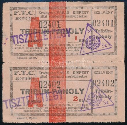 cca 1940-1950 FTC sporttelep tribünpáholy tiszteletjegy Vasas-Kispest mérkőzésekre, 2 db sorszámkövető jegy
