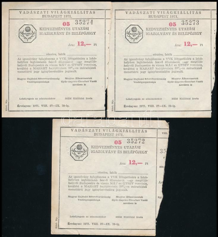 1971 Vadászati Kiállítás Budapest kedvezményes utazási igazolvány és belépőjegy, 3 db sorszámkövető