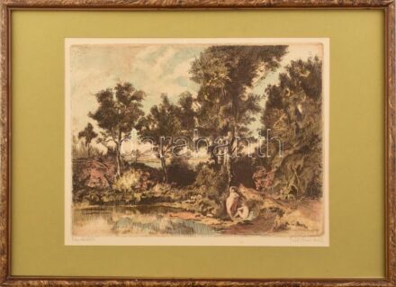Herman Lipót (1884-1972): Fürdőzők. Színezett rézkarc, papír, jelzett, keretben, 29×37 cm