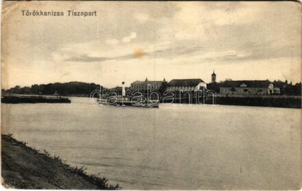 1919 Törökkanizsa, Nova Kanjiza, Novi Knezevac; Tisza-part, pontonhíd, gőzhajó / Tisa riverside, pontoon bridge, steamship (Rb)