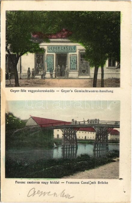 Cservenka, Crvenka; Geyer László üzlete, Ferenc csatorna a nagy híddal / Geyer's Gemischtwaarenhandlung, Franzens Canal mit Brücke / shop of Geyer, canal, bridge - képeslapfüzetből / from postcard booklet (fl)