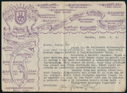 1946 Zaláta, kotta díszítésű levélpapírra írt köszönő levél Dombay hangjegygrafikus részére