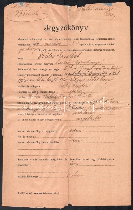 1916 Prostituált nő bárcaigénylési és rendőrségi okmányai - Image 2