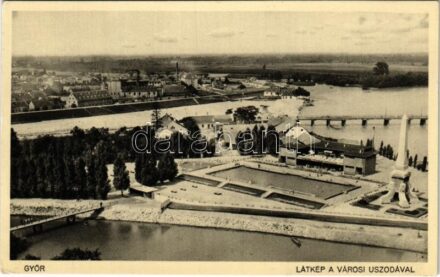 1935 Győr, látkép a városi uszodával, híd