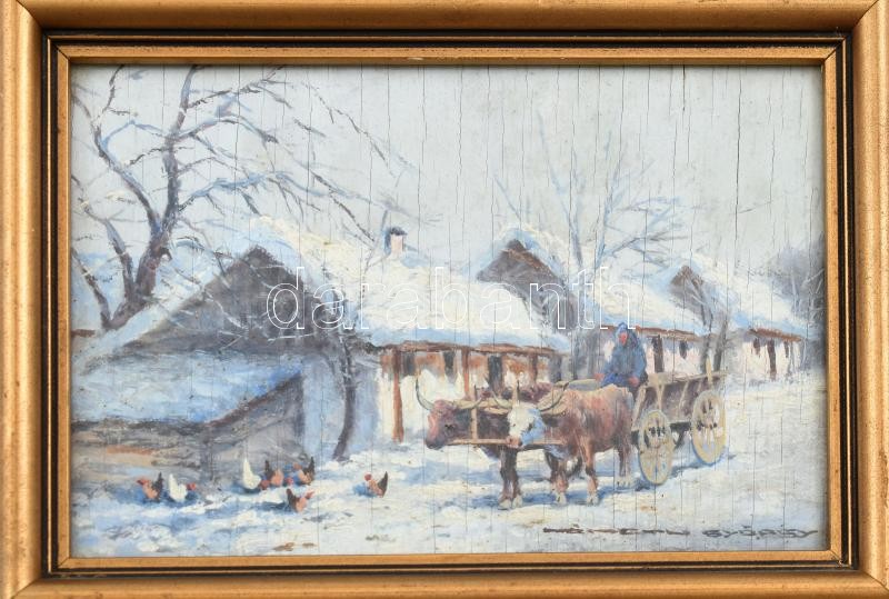 Németh György (1888-1962): Tanya. Olaj, fa, jelzett. Keretben, máz repedésekkel. 12x17 cm