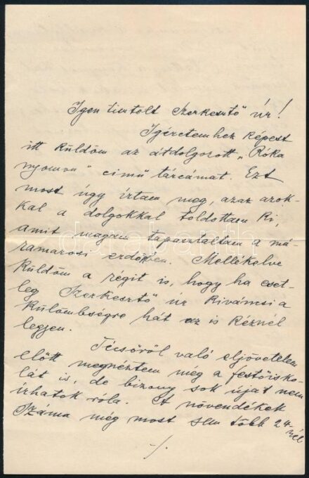 1904 Bársony Elemér (1879-1938): gyógyszerész, miniszter, lapszerkesztő, író autográf levele ismeretlen szerkesztőnek, melyben a nagybányai művésztelepen tett látogatásáról tudósít nagy részletességgel Hollósy Simon (1857-1918)