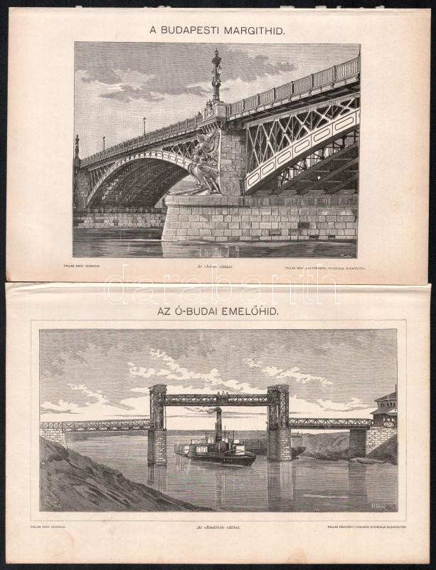 cca 1896 Budapest, 4 db, Bp., Pallas Nagy Lexikona, litografáltak, közte , foltos is, 25x15 cm