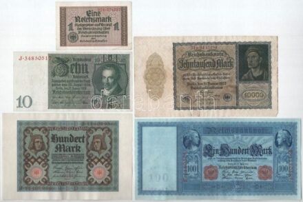 Német Birodalom 1910. 100M + 1920. 100M + 1922. 10.000M + 1929. 10M + DN (1939-1944.) 1M T:III közte szép papír German Empire 1910. 100 Mark + 1920. 100 Mark + 1922. 10.000 Mark + 1929. 10 Reichsmark + ND (1939-1944.) 1 Reichsmark C:F within