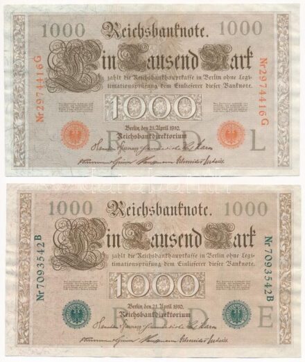 Német Birodalom 1910. 1000M zöld pecsét, hétjegyű sorszámmal + 1000M vörös pecsét, hétjegyű sorszámmal T:III szép papír German Empire 1910. 1000 Mark with green seal, 7 digit serial + 1000 Mark with red seal, 7 digit serial C:F nice