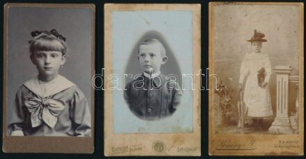 cca 1900-1910 Portrék gyerekekről, 3 db keményhátú fotó Kemény J. és a Bartizek Fivérek sátoraljaújhelyi műterméből, vizitkártya, foltos állapotban, 10,5x6,5 cm