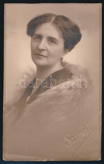 cca 1920-1930 Hölgy portréja (özv. Szentkirályi Miklósné), fotólap, Szipál Sátoraljaújhely hidegpecséttel, hátoldalán feliratozva, szélén apró lyukkal, törésnyommal, 13x8 cm