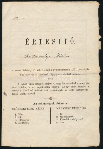 1893 Marosvásárhely, iskolai értesítő Szentkirályi Miklós, a Marosvásárhelyi Ev. Ref. Kollégium gimnáziumi tanulója részére, 4 p.