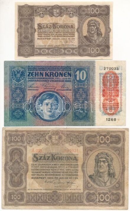 1915. 10K piros 'DEUTSCHÖSTERREICH' felülbélyegzéssel + 1920. 100K + 1923. 100K T:II-III-