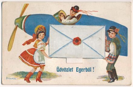 1940 Eger, Népviseletes leporello repülőgéppel s: Bernáth (Rb)